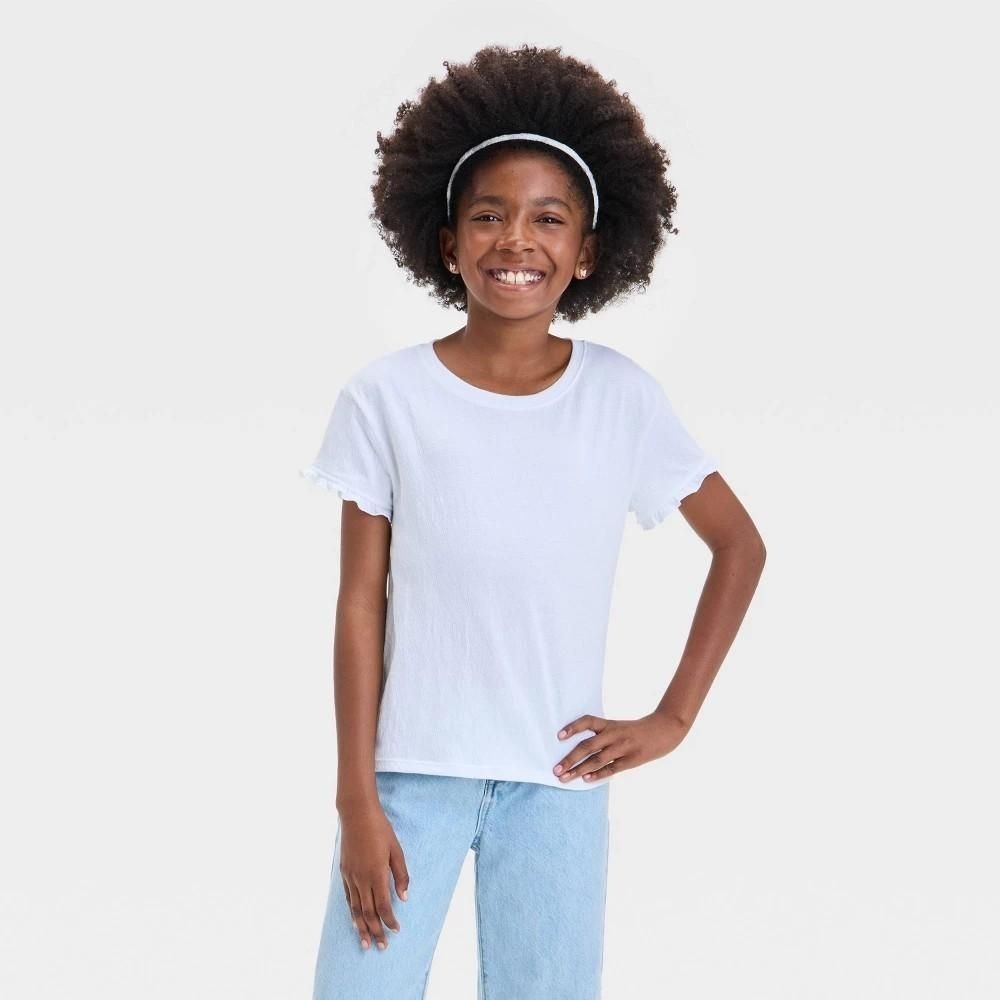 Cat & Jack Girls White Textured Knit Ruffle Short Sleeve T-Shirt Size S 6